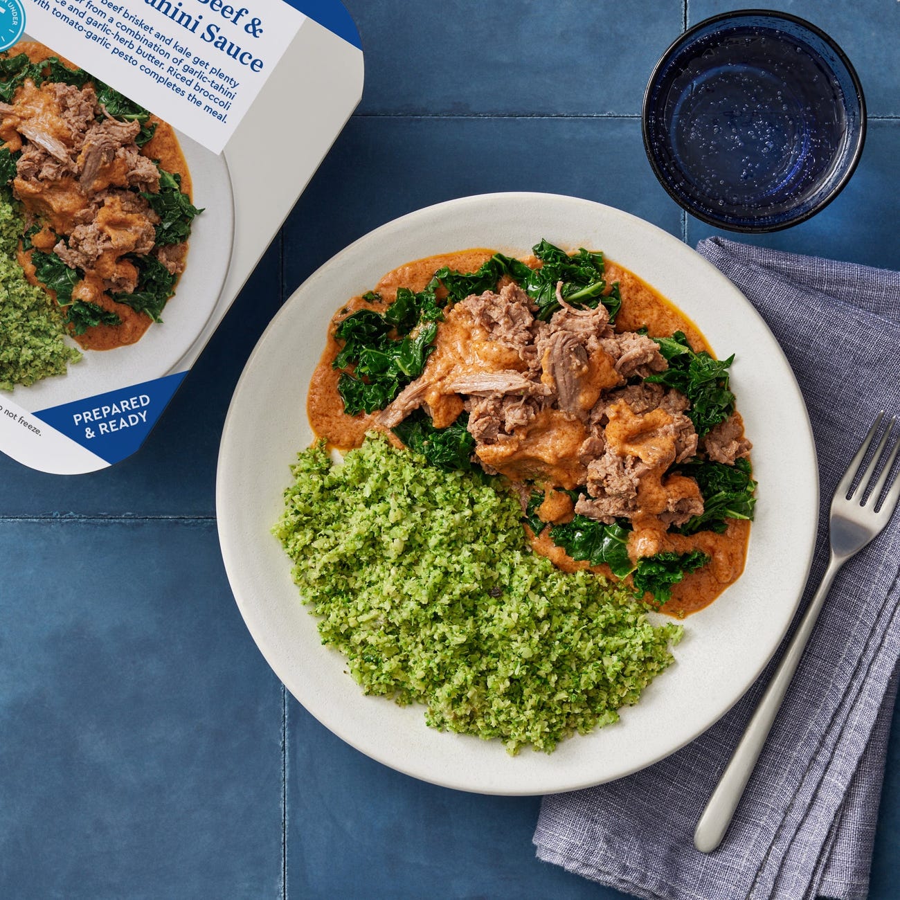 Recipe Shredded Beef & GarlicTahini Sauce with Riced Broccoli Blue