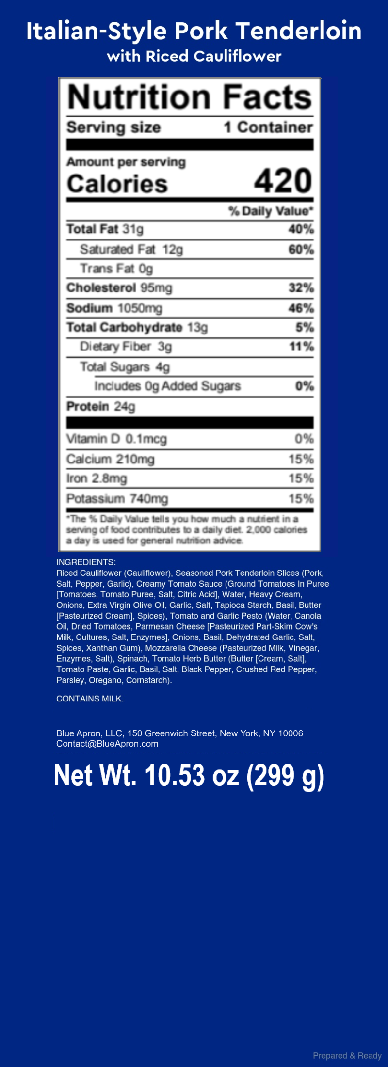 Recipe ItalianStyle Pork Tenderloin with Riced Cauliflower Blue Apron