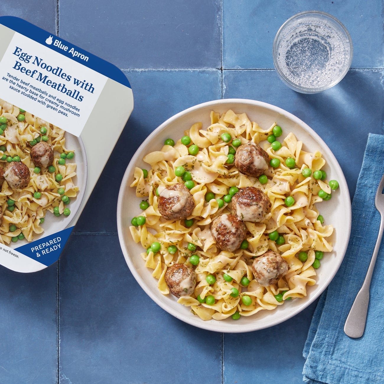 Recipe Egg Noodles & Beef Meatballs with Creamy Mushroom Sauce & Peas