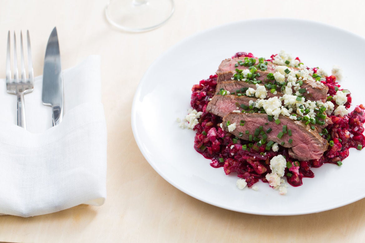 Recipe Basted Flank Steaks with BeetFreekeh Salad & Blue