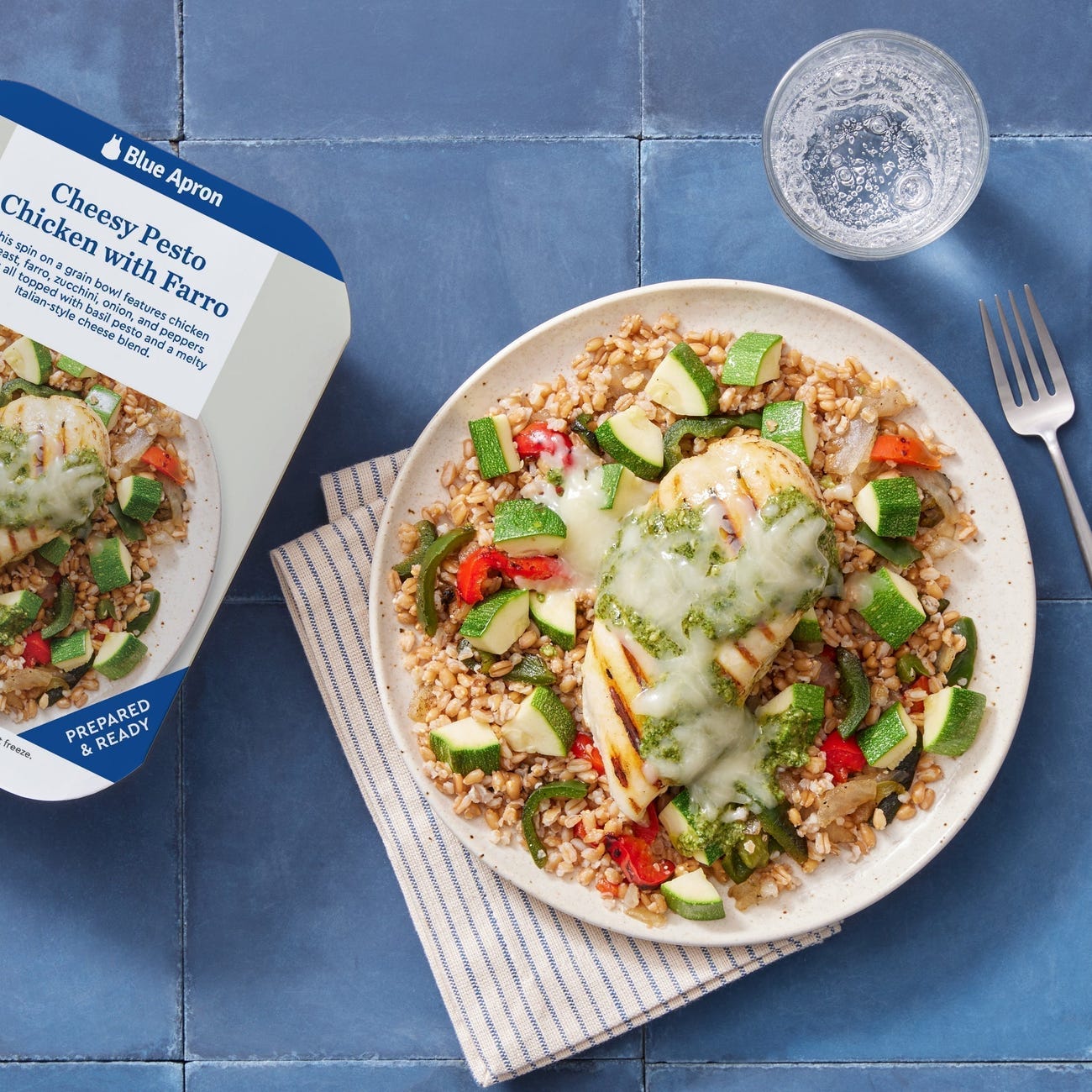 Recipe Cheesy Pesto Chicken with Farro, Zucchini & Peppers Blue Apron