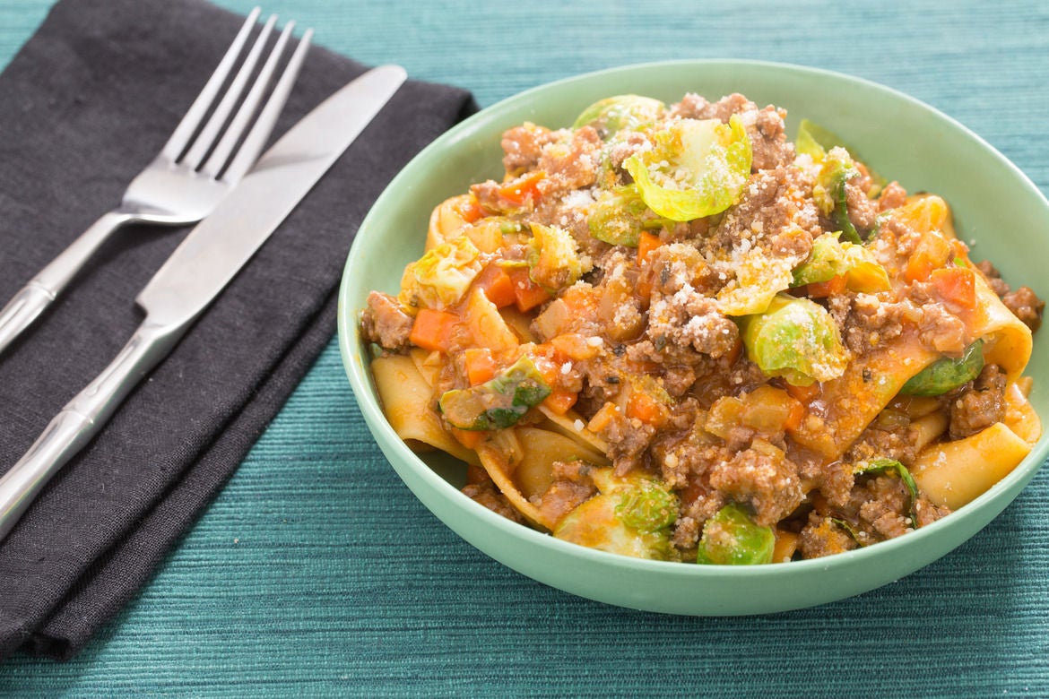 Recipe Beef Bolognese with Fresh Pappardelle Pasta & Brussels Sprouts
