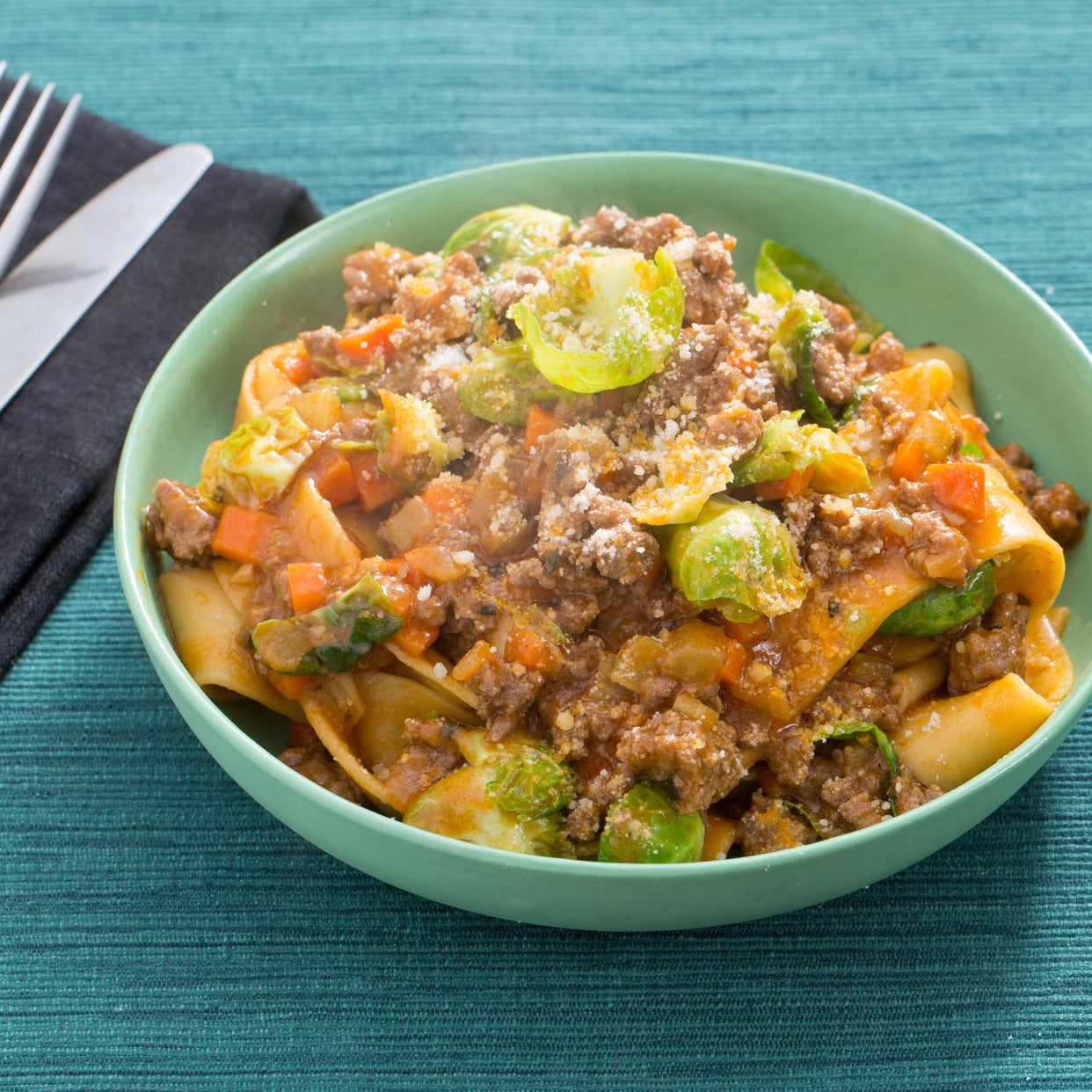 Recipe Beef Bolognese with Fresh Pappardelle Pasta & Brussels Sprouts