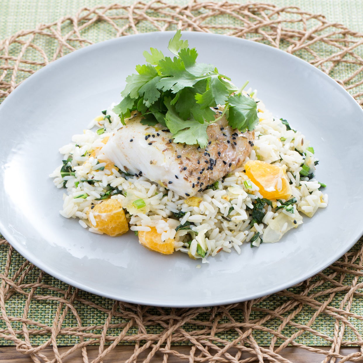 Recipe Banana LeafSteamed Cod with Spiced Rice, Yu Choy & Coconut