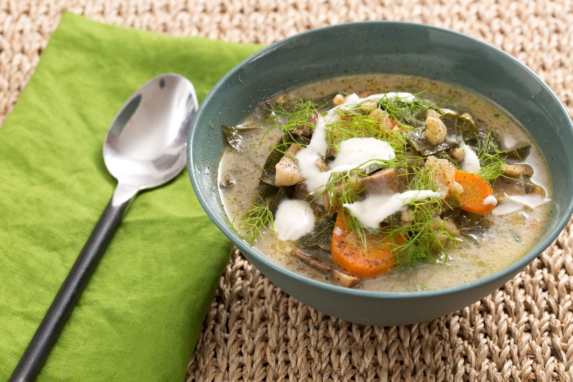 Recipe: Cremini & Porcini Mushroom-Barley Soup with Collard Greens