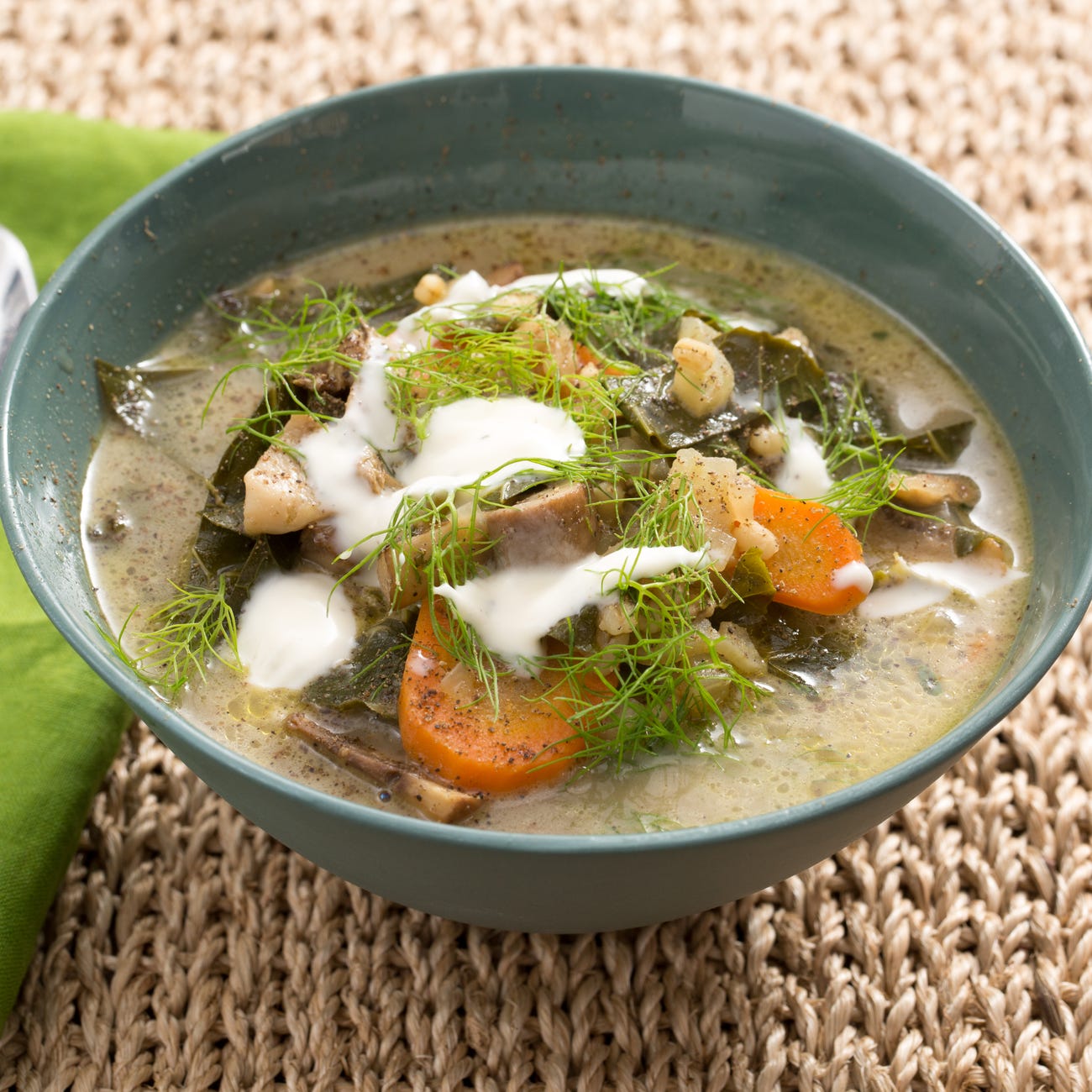 Recipe Cremini & Porcini MushroomBarley Soup with Collard Greens
