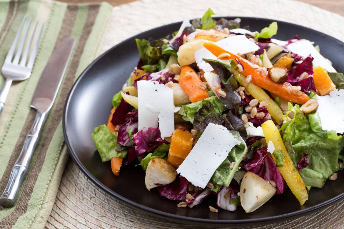 Recipe Roasted Root Vegetable Salad with Radicchio, Hazelnuts & Cara
