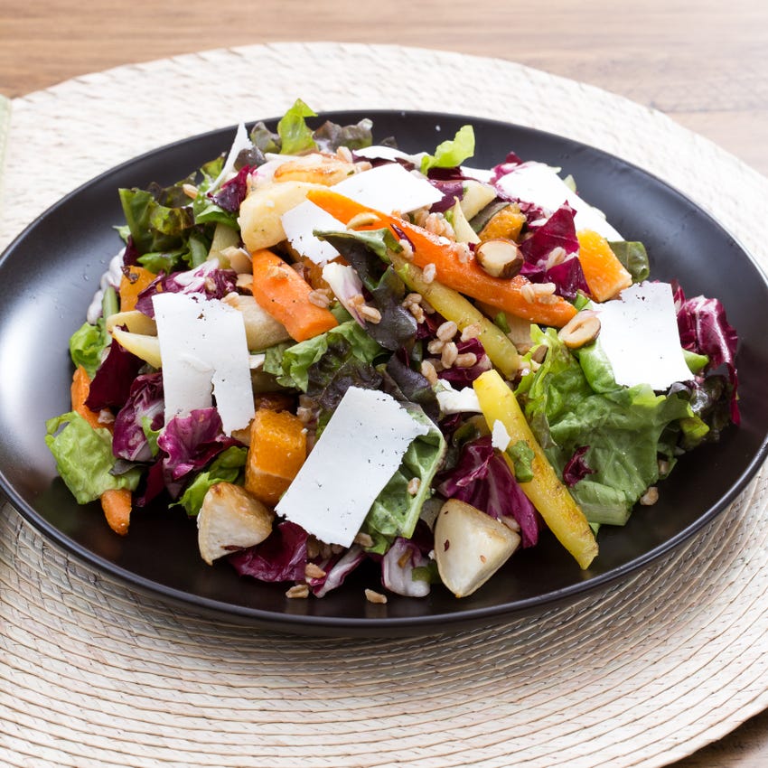 Recipe Roasted Root Vegetable Salad with Radicchio, Hazelnuts & Cara