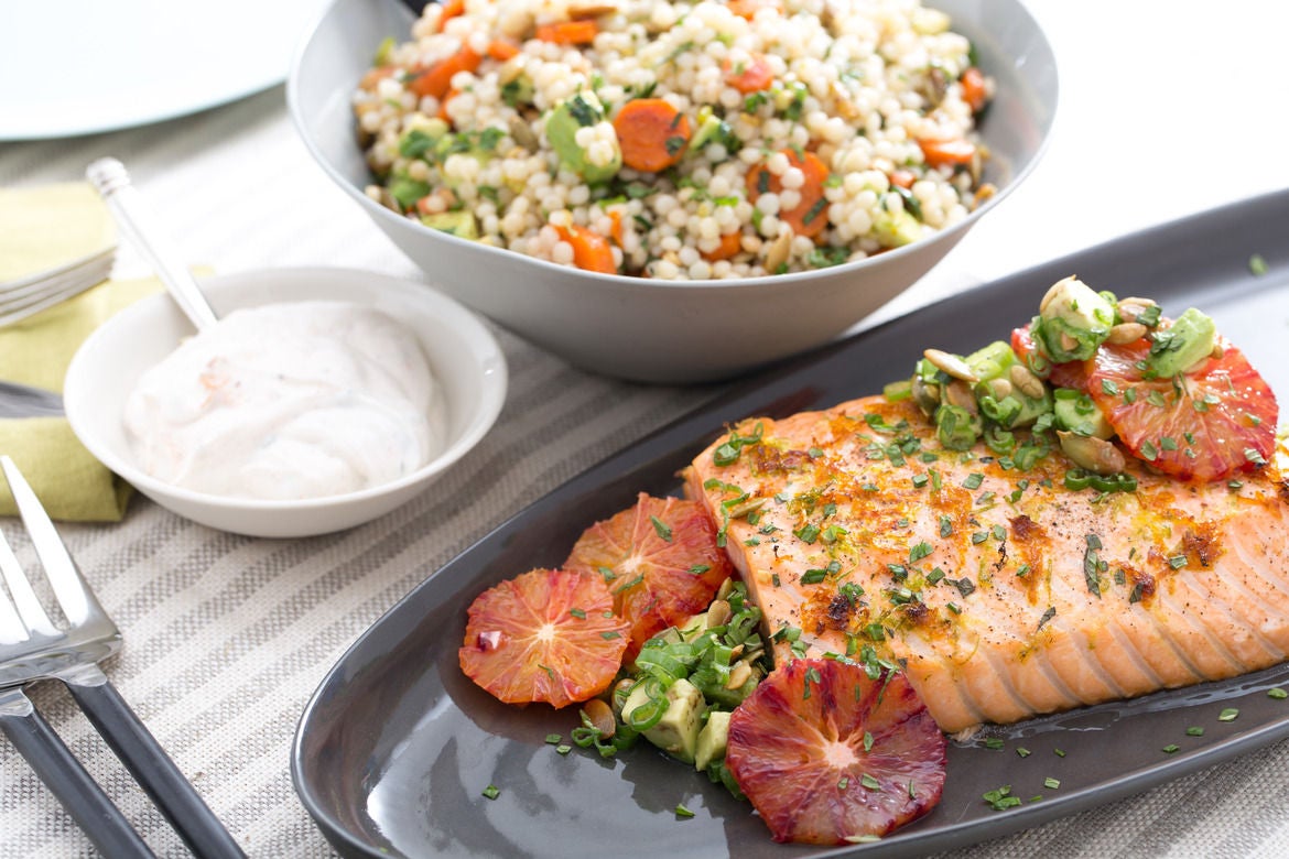 Recipe Blood OrangeRoasted Salmon with Avocado, Pepitas & Israeli