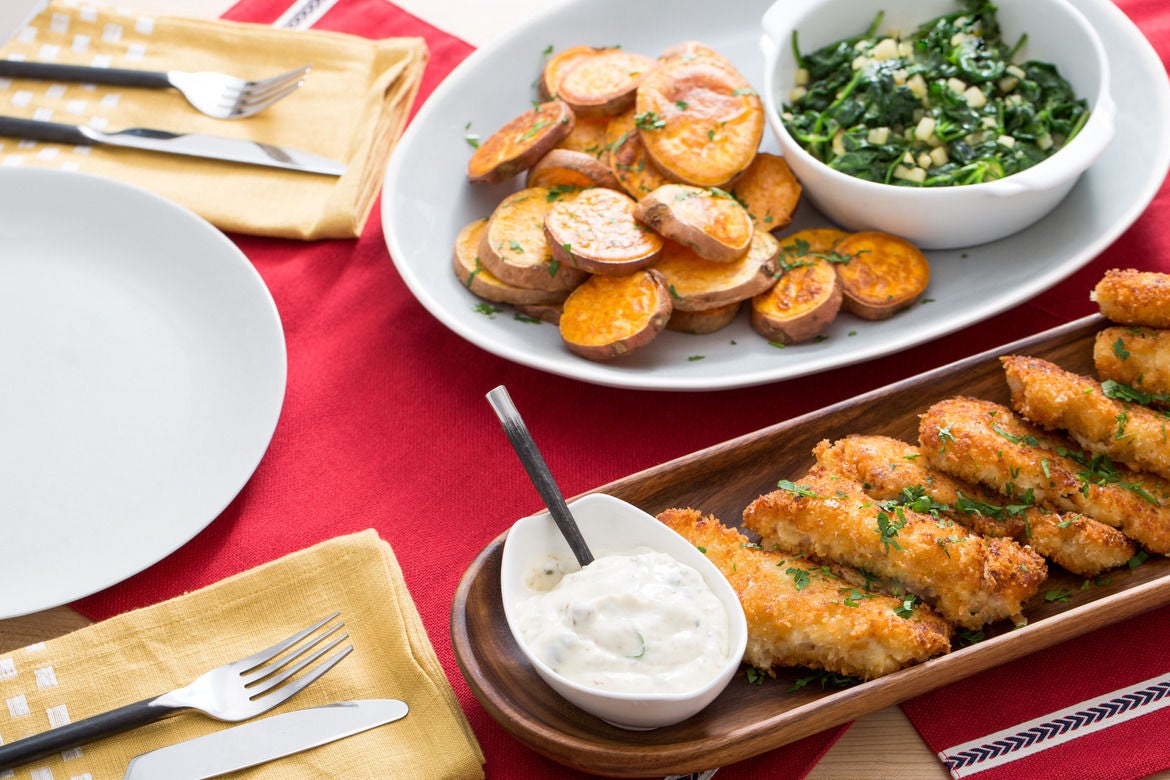 Recipe Fish & Sweet Potato Chips with Sautéed Spinach & Apple Blue Apron