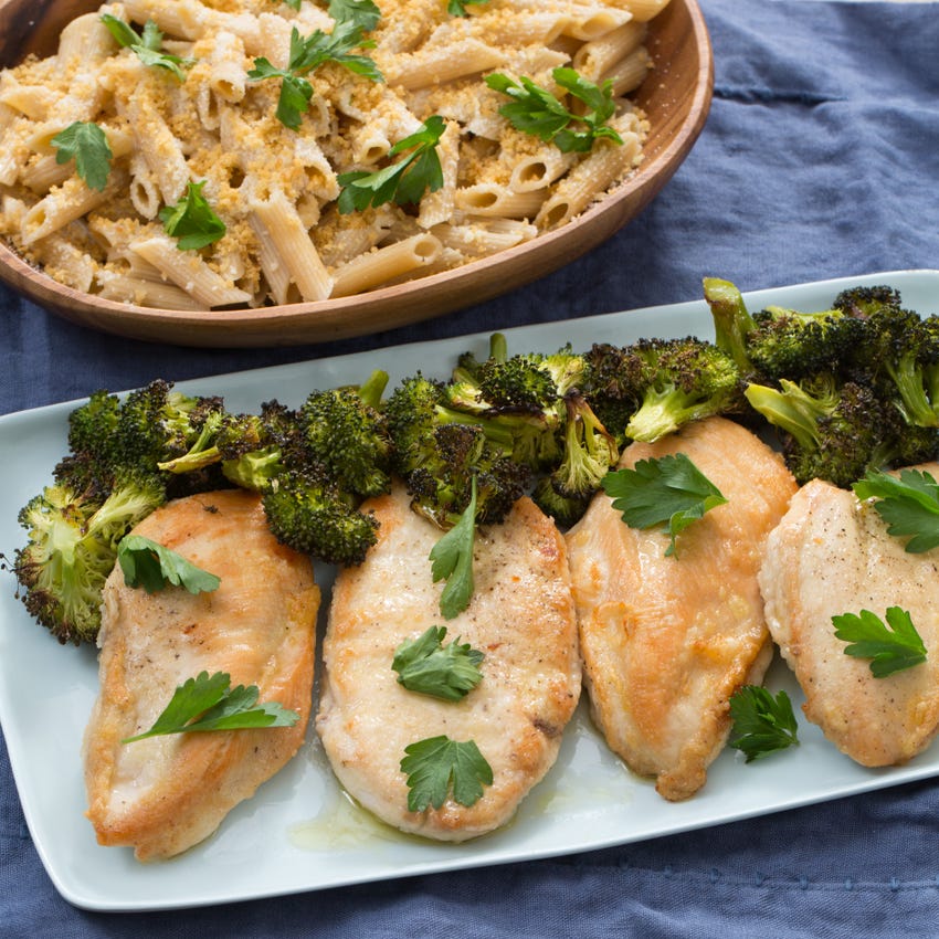 Recipe Chicken Scallopini With Whole Wheat Penne Rigate Roasted Broccoli Blue Apron