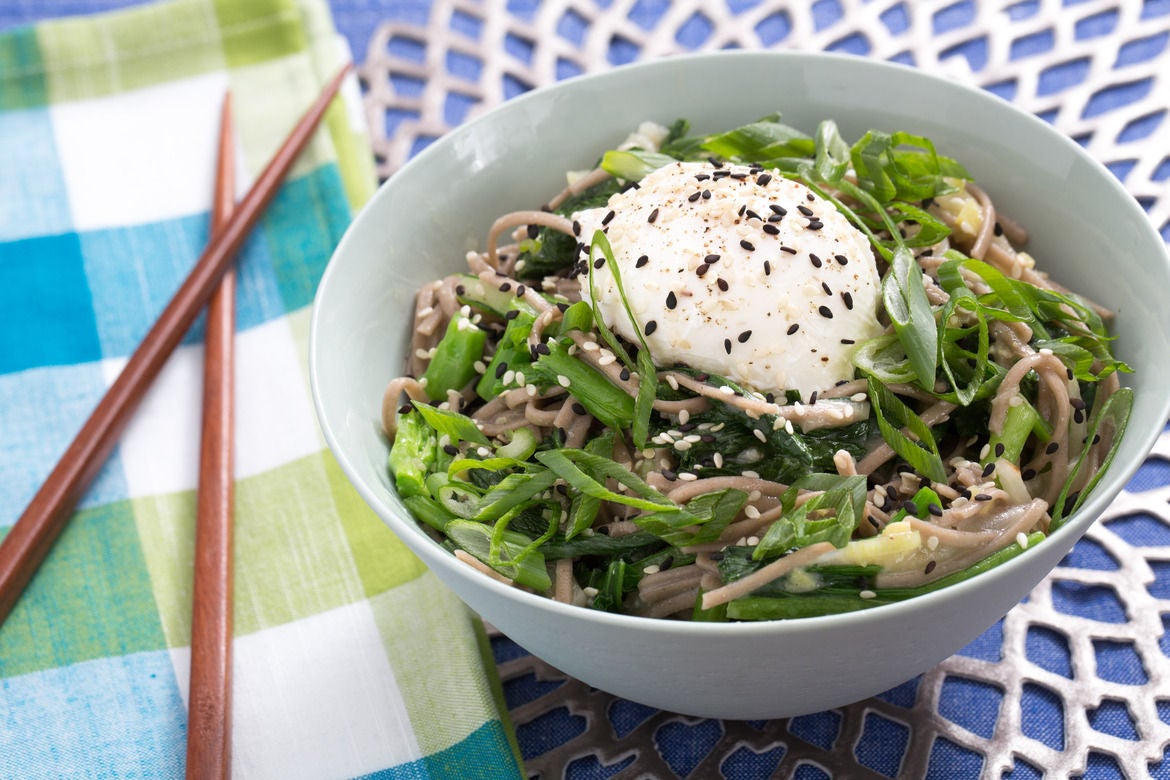 Recipe Shiro Miso Soba Noodles with Poached Eggs, Yu Choy & Turnips