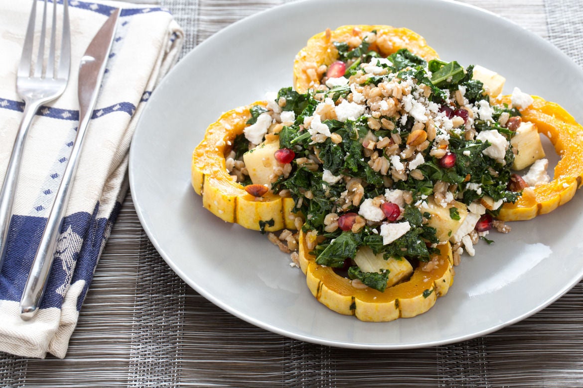 Recipe Warm Squash & Kale Salad with Pearled Farro & Pomegranate