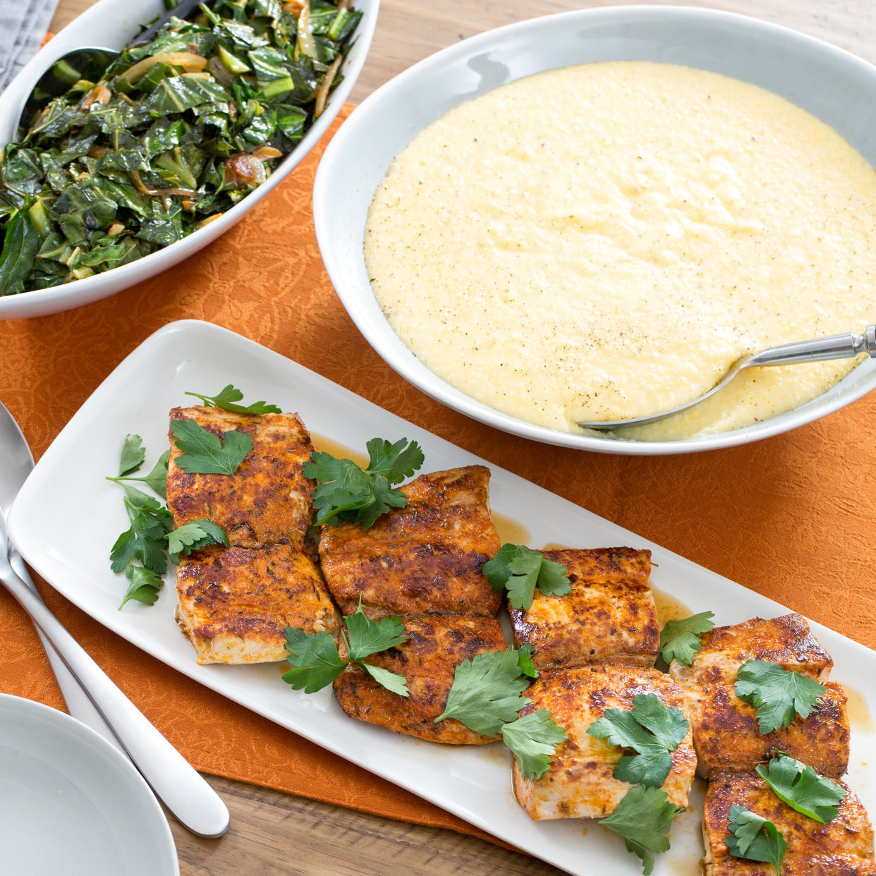 Recipe Blackened Cajun Drum with Collard Greens & Cheddar Grits Blue