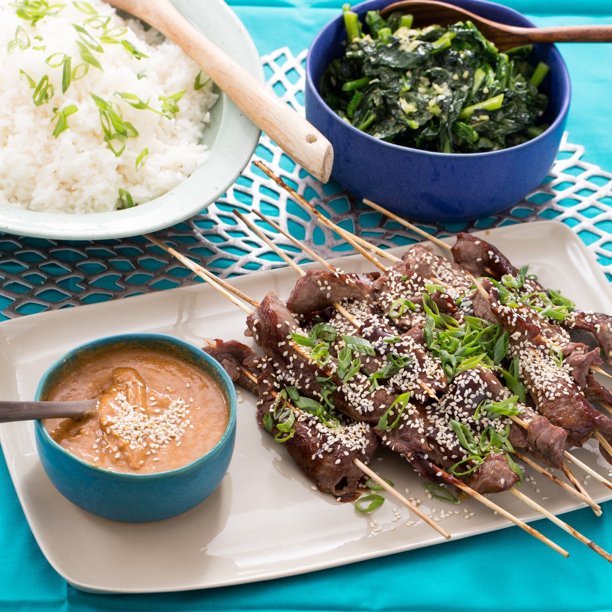 Recipe Chinese BBQ Beef Skewers with Garlic Gai Lan & Jasmine Rice