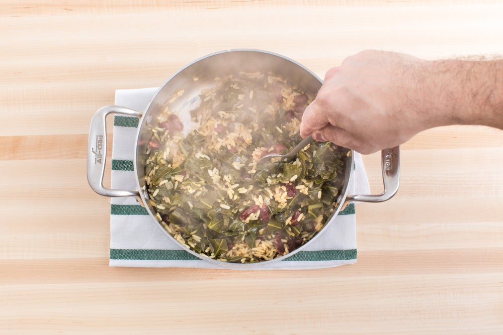Recipe Red Bean & Collard Green Dirty Rice with Buttermilk Biscuits & Honey Butter Blue Apron