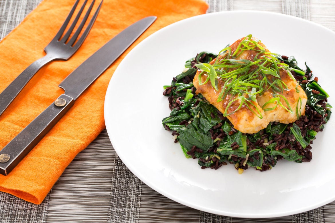 Miso Yuzu-Glazed Cod with Black Rice and Water Spinach