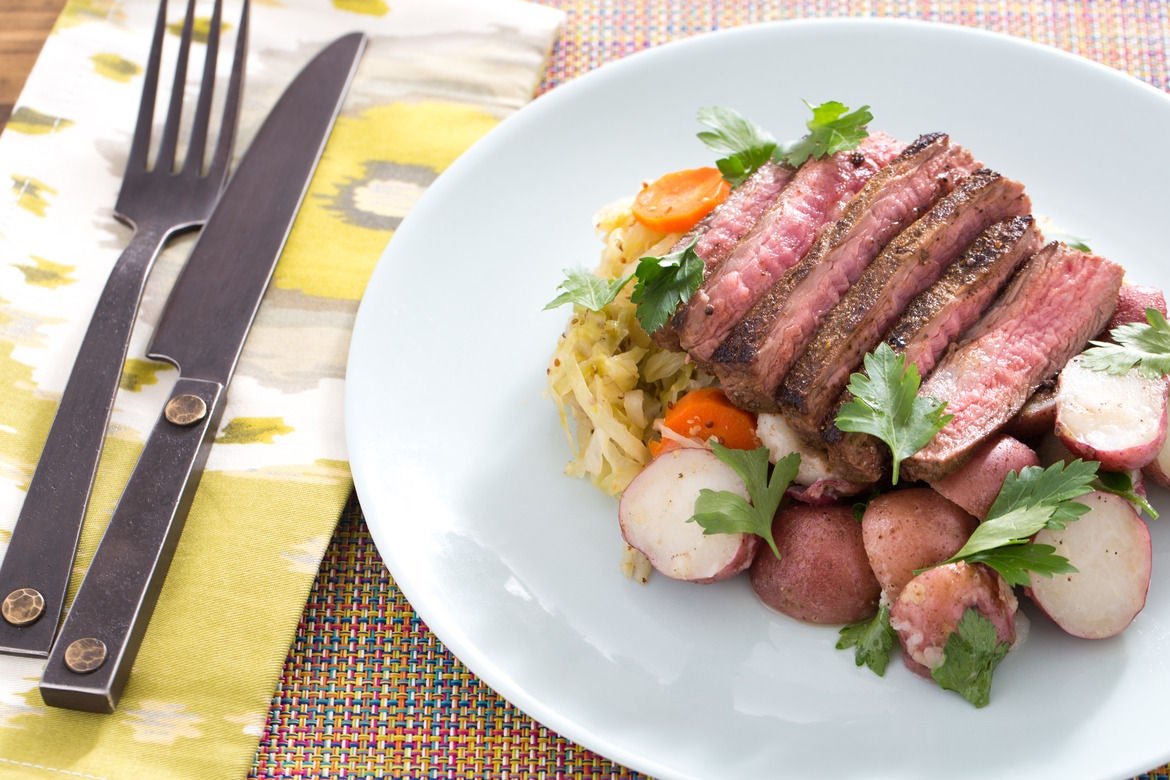 Recipe Corned BeefSpiced Flank Steaks with Braised Cabbage & Buttered