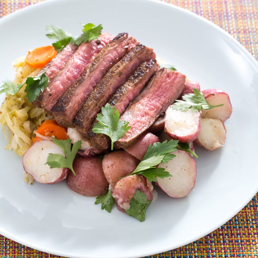 Recipe Corned BeefSpiced Flank Steaks with Braised Cabbage & Buttered