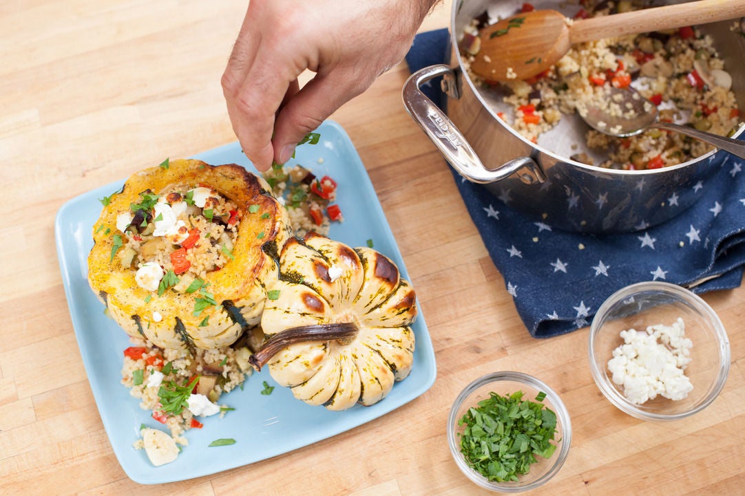 Recipe Baked Sweet Dumpling Squash with Millet & Caponata Blue Apron