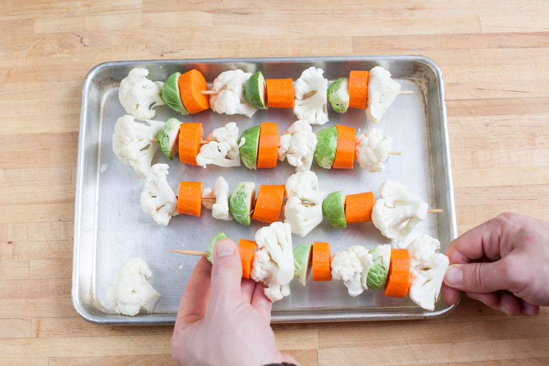 Recipe Roasted Vegetable Kebabs with Curried Chickpeas & Yogurt Sauce